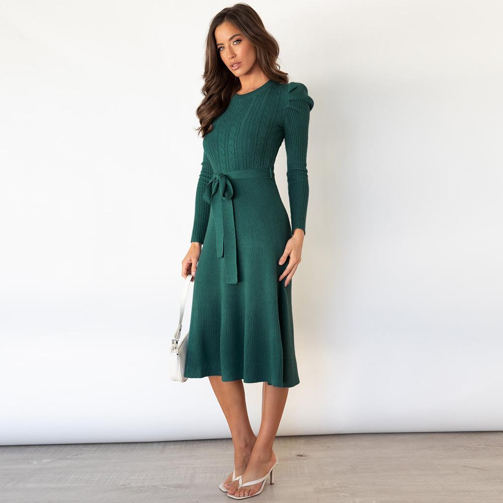 Vestido longo de malha sólida outono inverno, gola redonda, manga comprida, cintura alta, balanço grande S-XXL