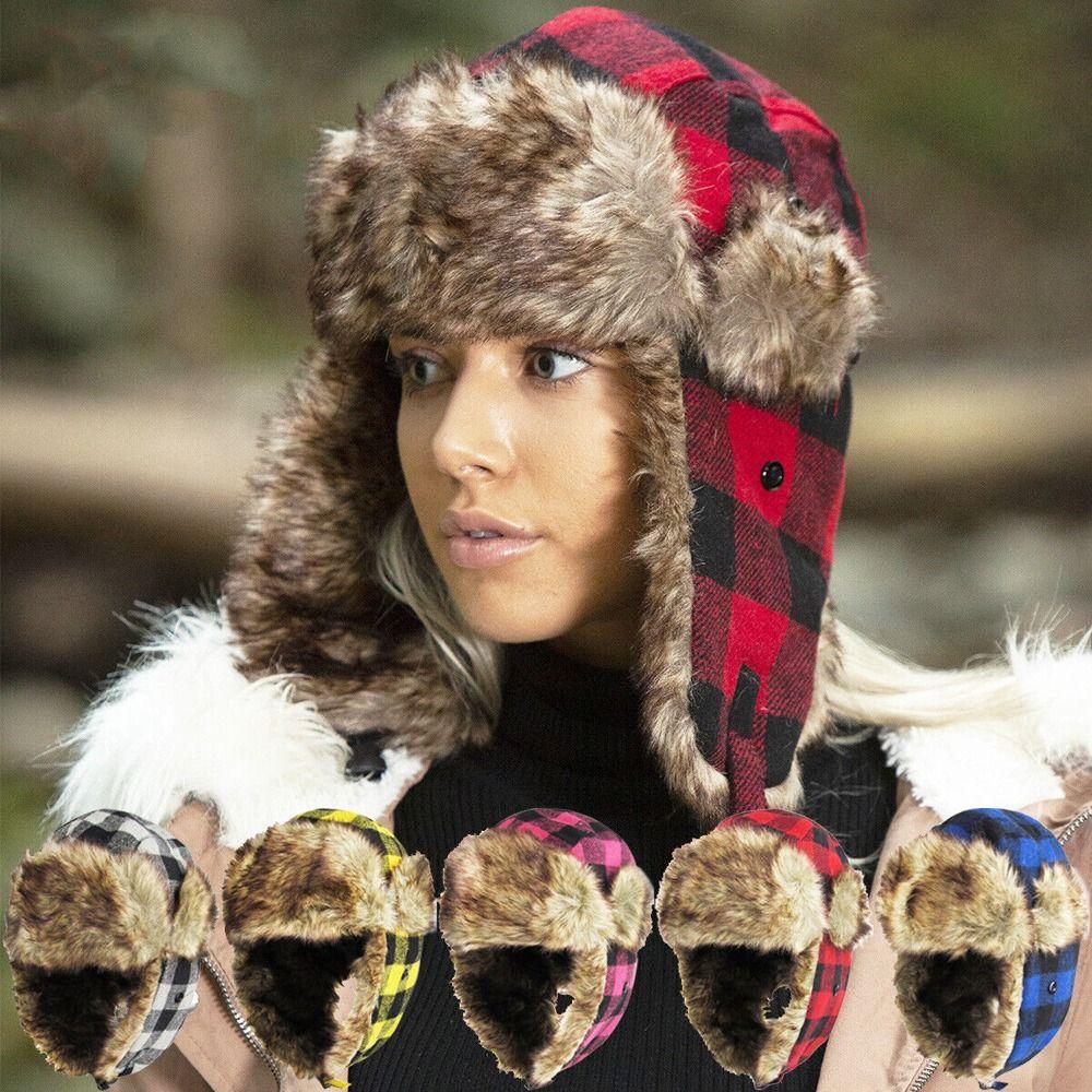Trapper Russian Plaid Pilot Caps Fur Ear Muff Hats Men Hats Korean Beanies Hats Earflap Caps