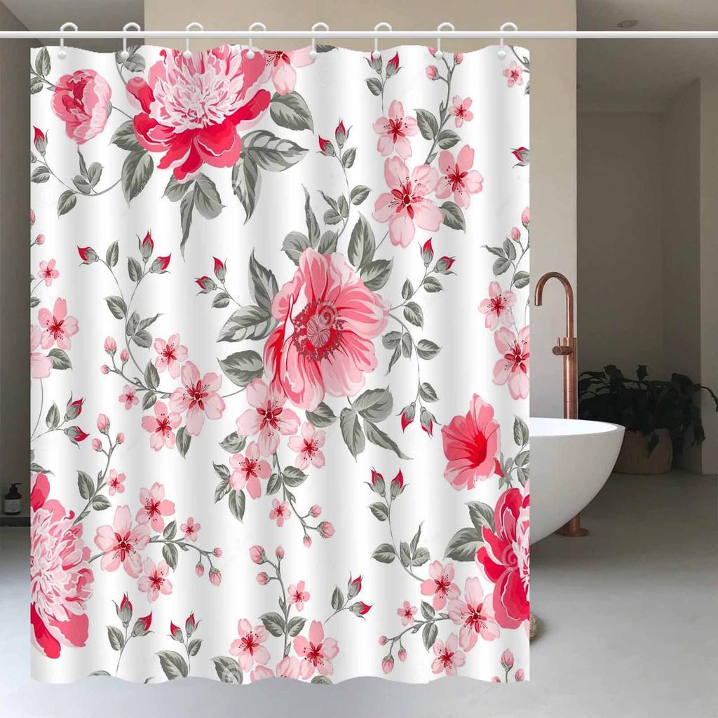 1pc Nordic Elegant Pink Floral Shower Curtain, High-end Elegant Bathroom Curtain, Bathroom Decoration Pattern