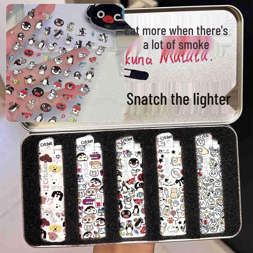 Best-Selling Grasshopper Lighter with Cute Puppy & Penguin DIY Decorative Stickers