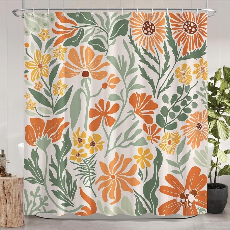 Boho Floral Shower Curtain, Orange Yellow Flowers with Green Leaves on Cream Background, Waterproof Fabric Bathroom Curtain (as the picture,W90xH180cm-35x70in)