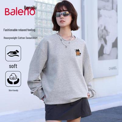 Baleno Men's Fall Heavyweight Cartoon Cat Crewneck Sweatshirt