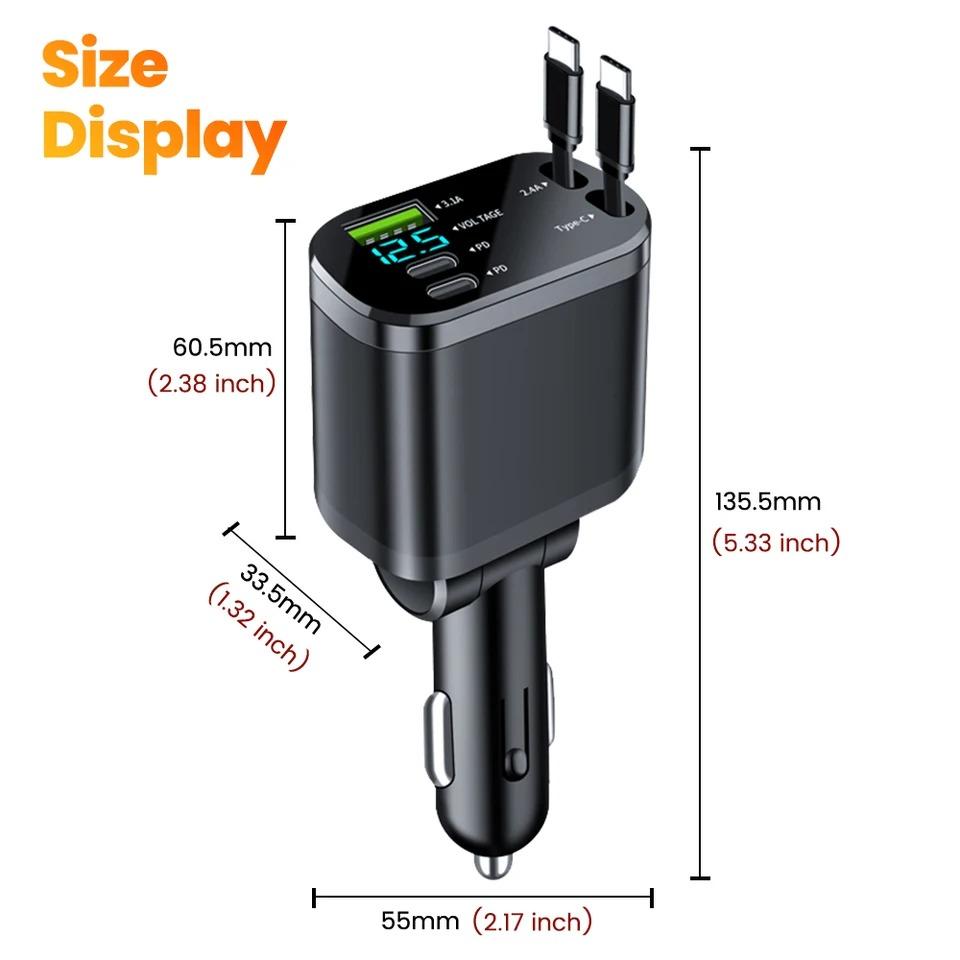 NEW 5-IN-1 150W Retractable Car Charger Mobile Phone USB PD Type C Cable For iPhone Fast Charge Cord Cigarette Lighter Adapter Car Accessories