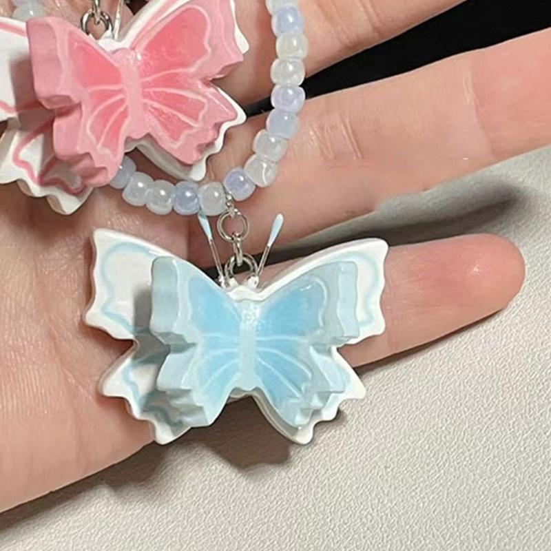 Fashion Resin Beaded Choker Sweet Butterfly Pendant Necklace Simple Collar Necklace Elegant Clavicle Chain Jewelry
