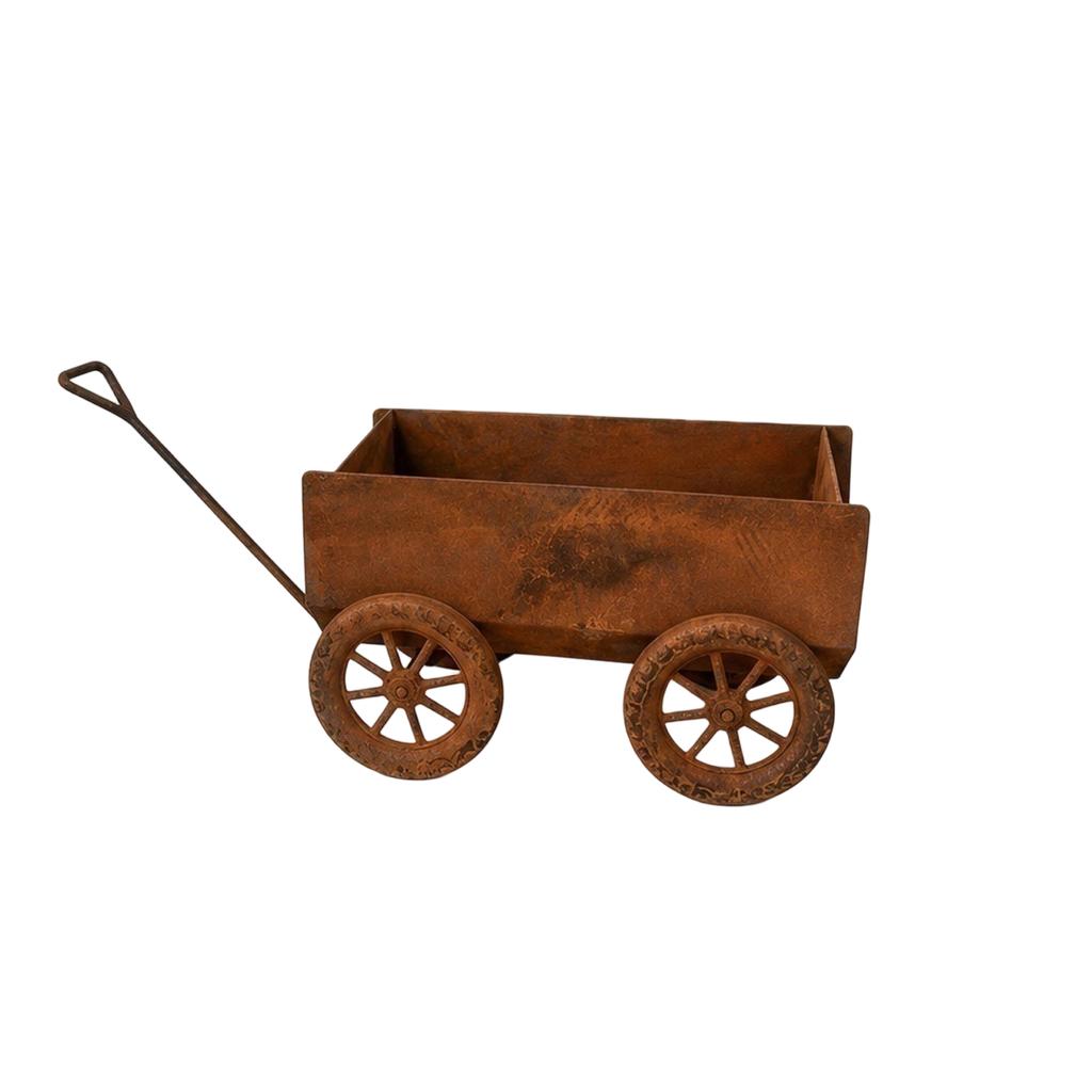 Rustic Metal Garden Wagon Planter Outdoor Decorative Flower Pot with Wheels and Handle for Patio Yard Lawn Plant Display