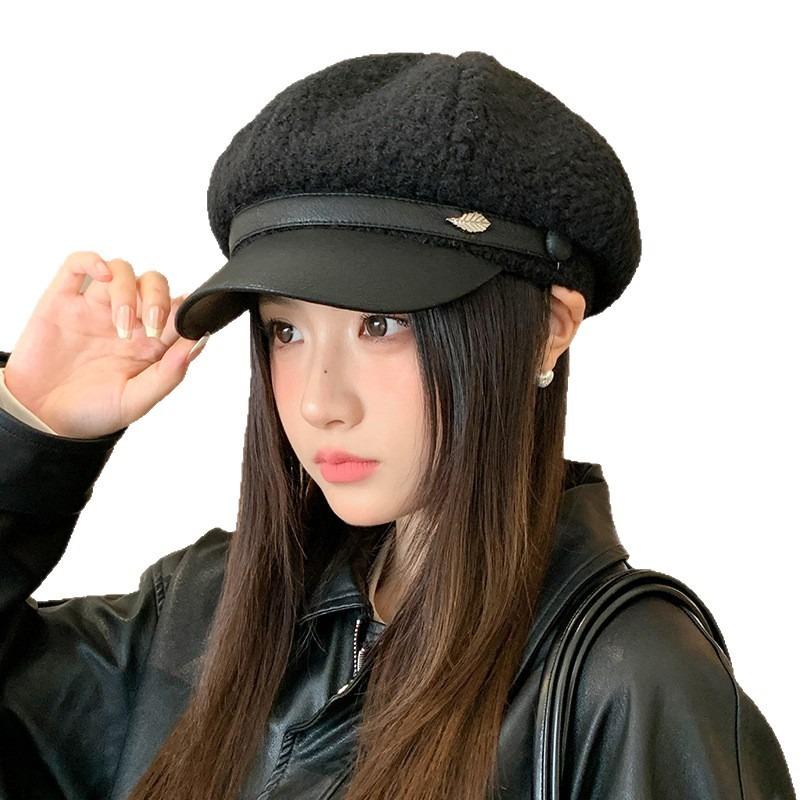 Leather brim duck tongue beret autumn and winter hat women's velvet warm octagonal hat fashionable versatile painter hat