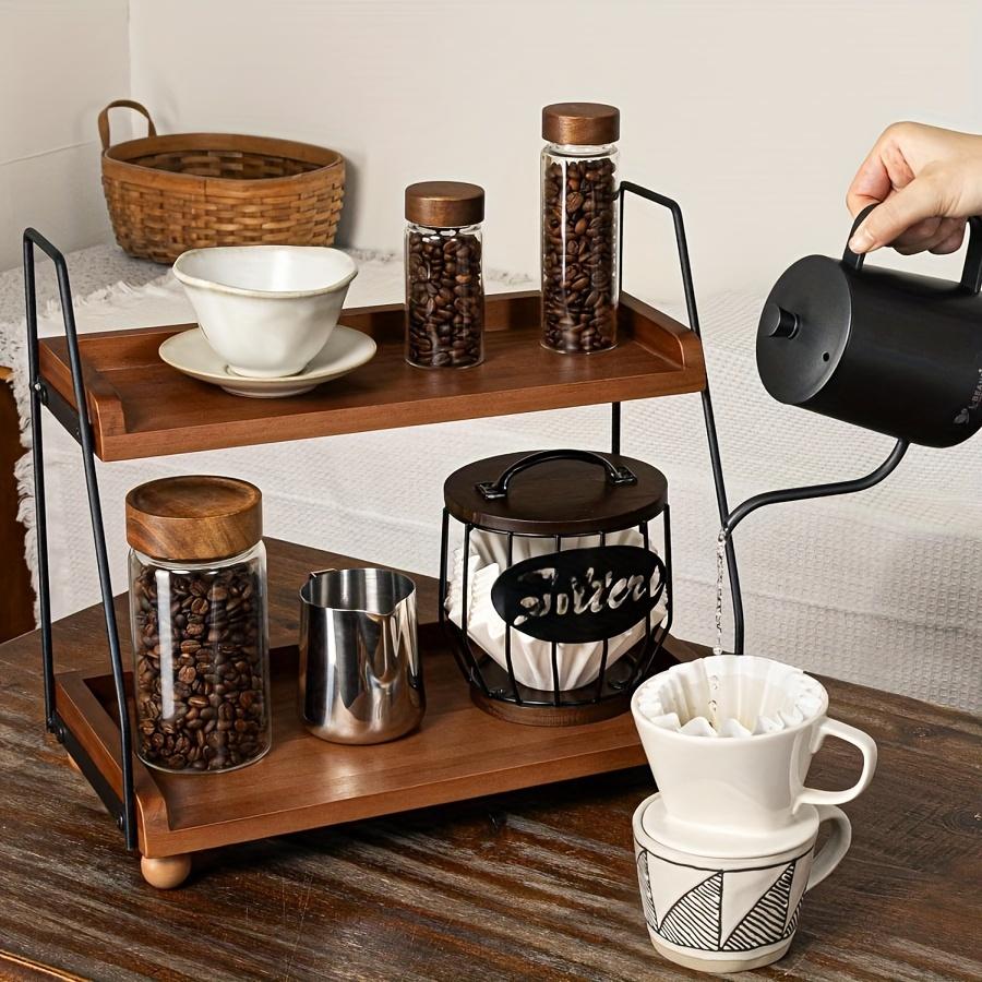 

2-Tier Farmhouse Coffee Bar Organizer, Wood & Metal Countertop Shelf for Kitchen & Bathroom, Rustic Display Tray for Mugs коричневый