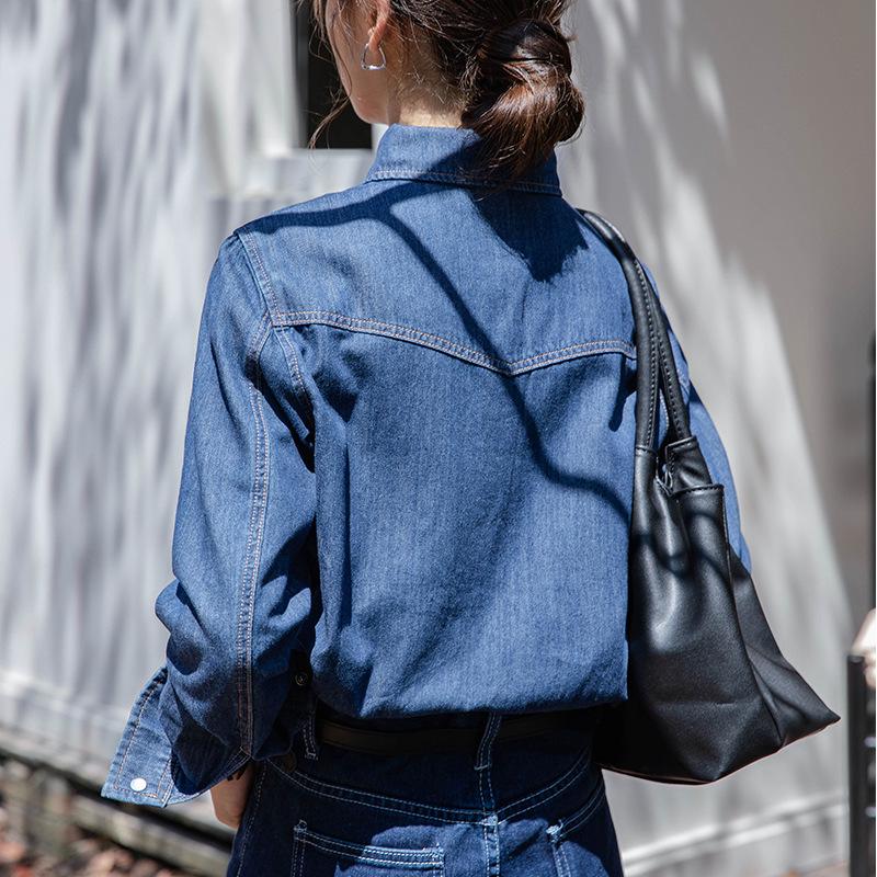 Women's French Retro Blue Denim Shirt - Stylish Layered Autumn/Winter Commuter Top