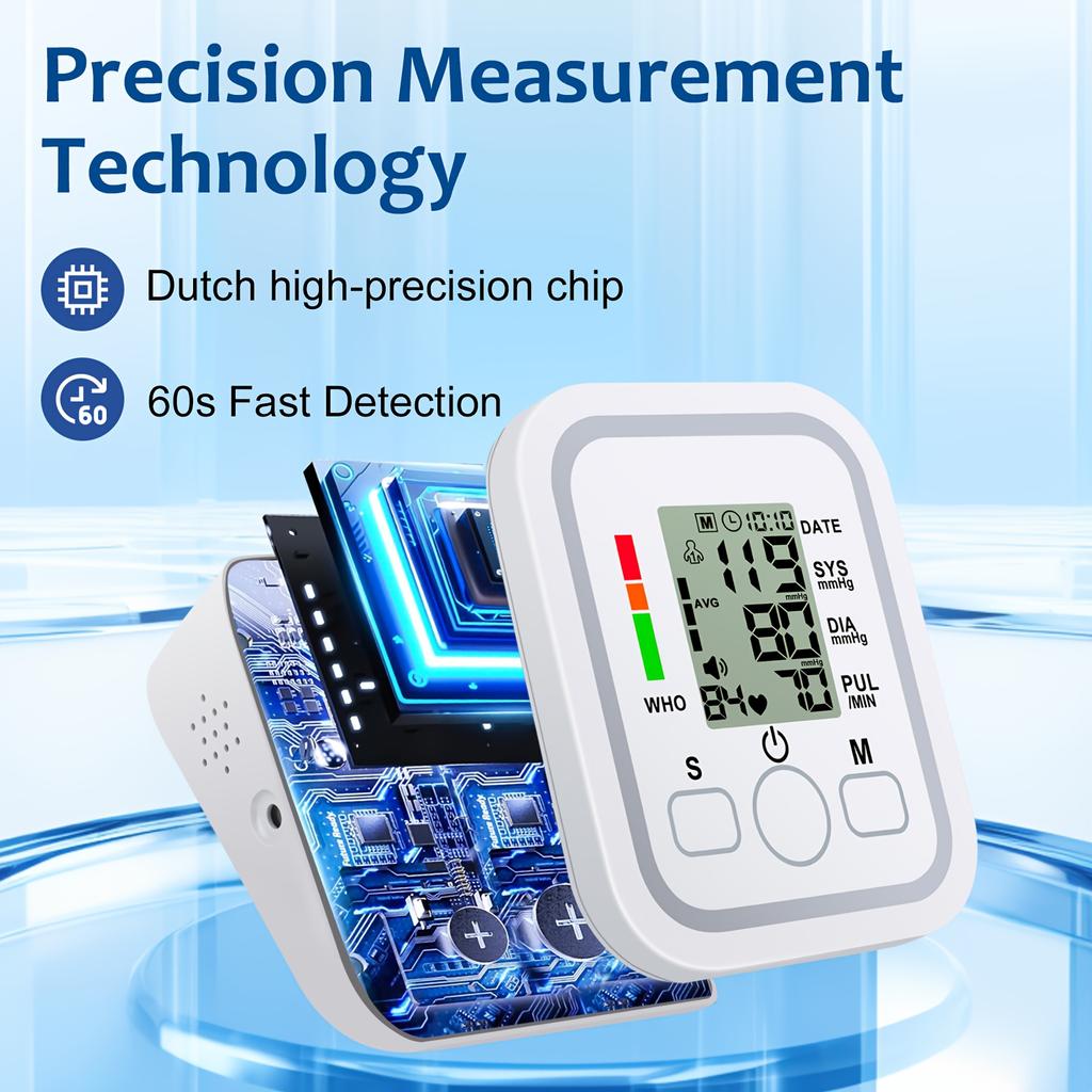 All-in-One Portable Upper Arm Blood Pressure Monitor Large LCD Display One-Touch Operation Voice Reports Hypertension Alerts