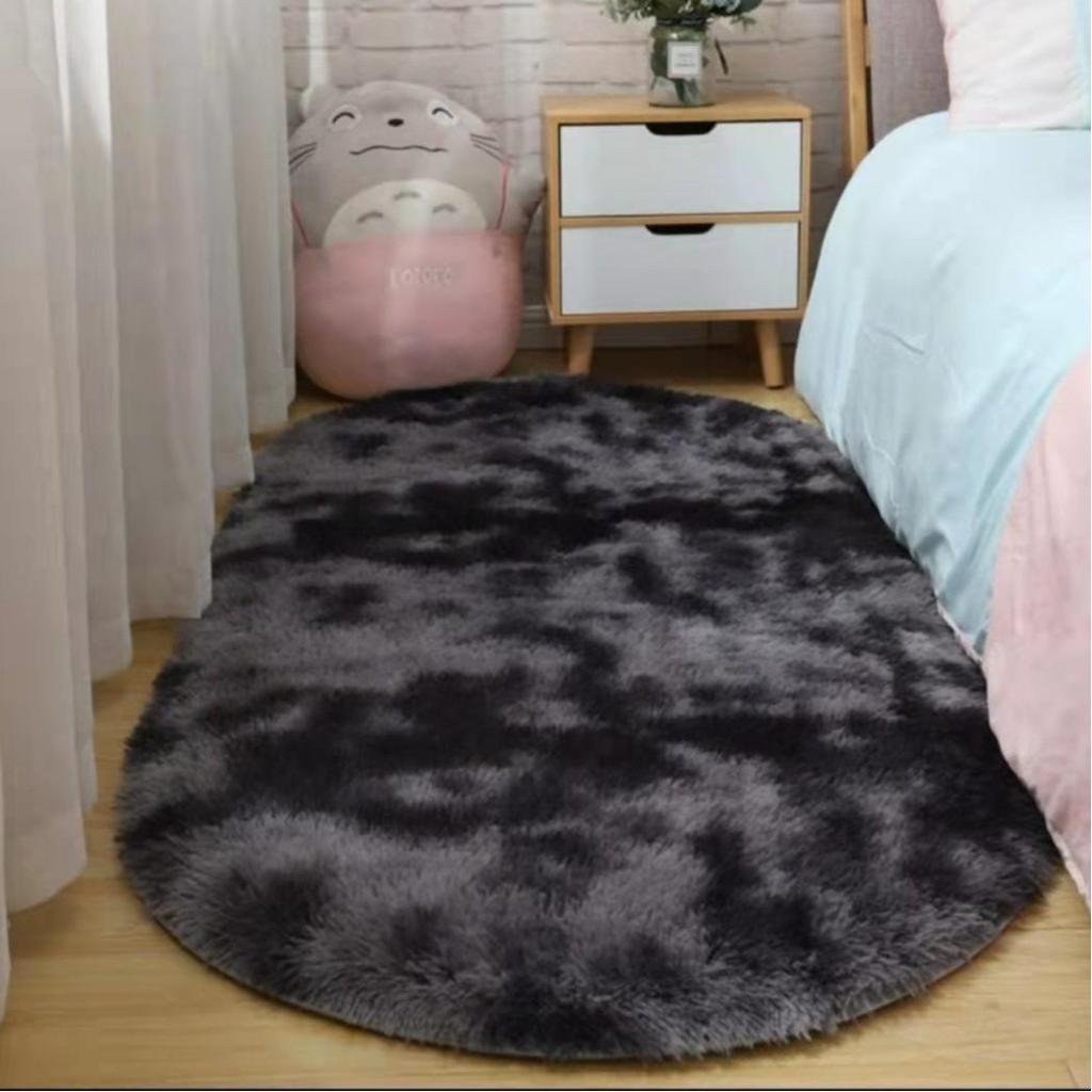 Ins Tie-Dye Oval Silk Wool Rug: Long Pile Carpet for Living Room, Bedroom, Bedside, Cloakroom, Decorative Floor Mat