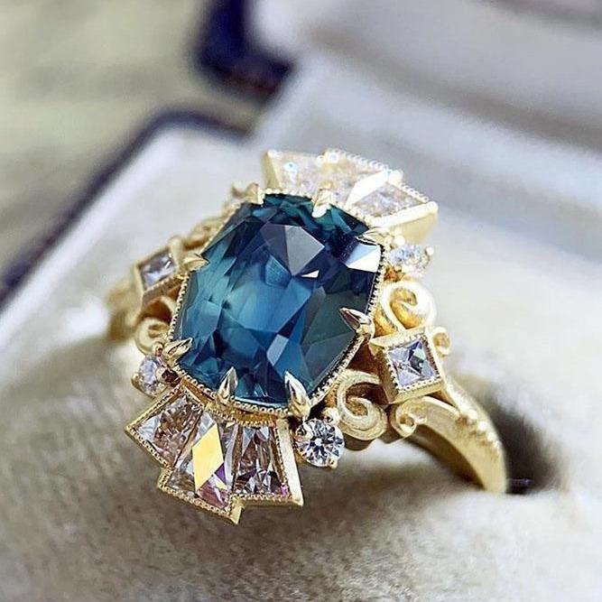 Three Heroes Gold-Plated Zircon Rings with Irregular Aquamarine Design for Women