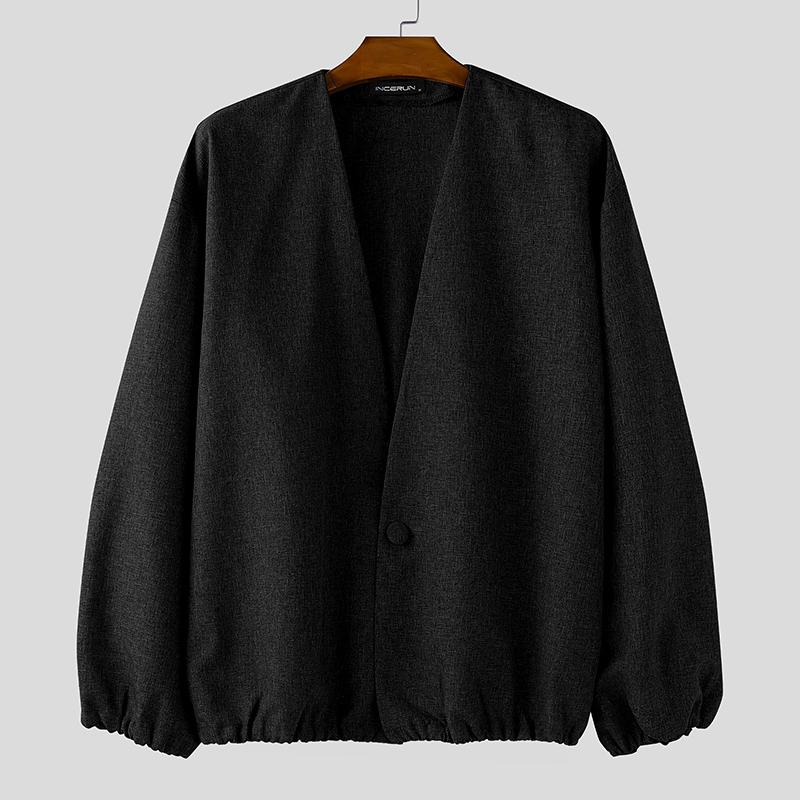 INCERUN Oversized Men Long Sleeve One Button Casual Loose Cardigan Thin Kimono Tops