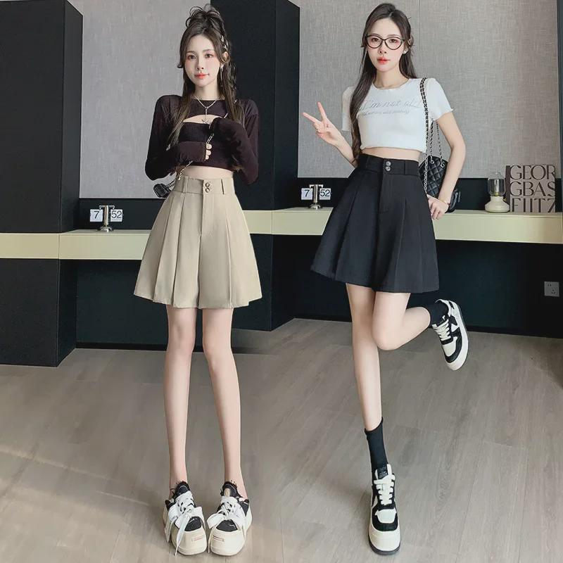 Women's Khaki Pleated A-Line Culotte Shorts - 2024 Summer Fashion Wide-Leg Style