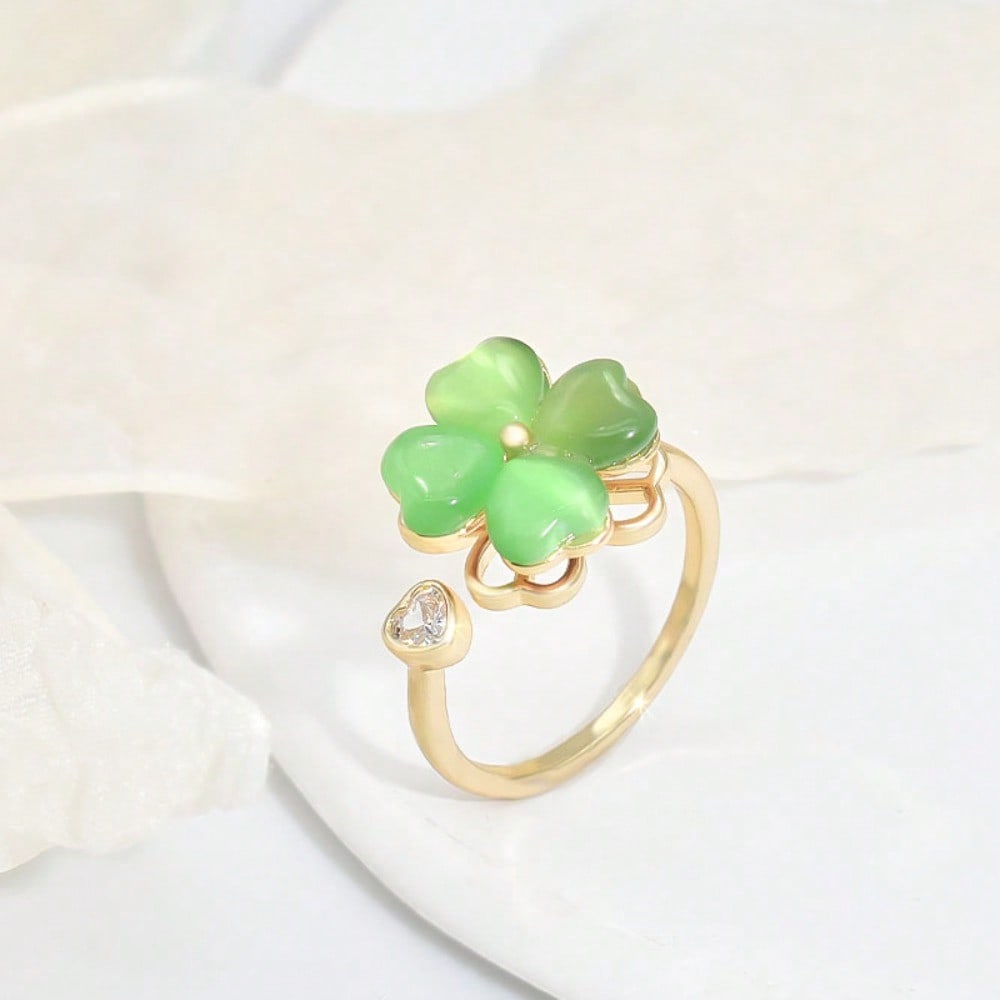 

Green Cat s Eye Stone Rotatable Four-Leaf Clover Ring Valentines,Mom,Mother,Mother s Day,Gift one-size золотой