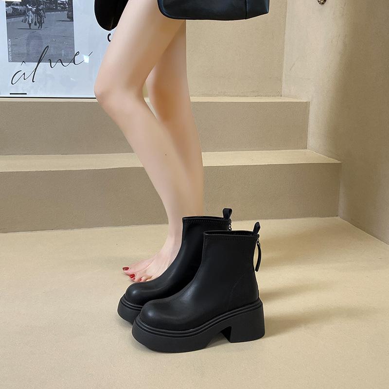 Schwarze Lederstiefel mit dickem Absatz für Damen, hochhackige, dünne Stiefel, höhenvergrößernd, Herbst und Winter 2025 neu, braune Martens, Stiefeletten