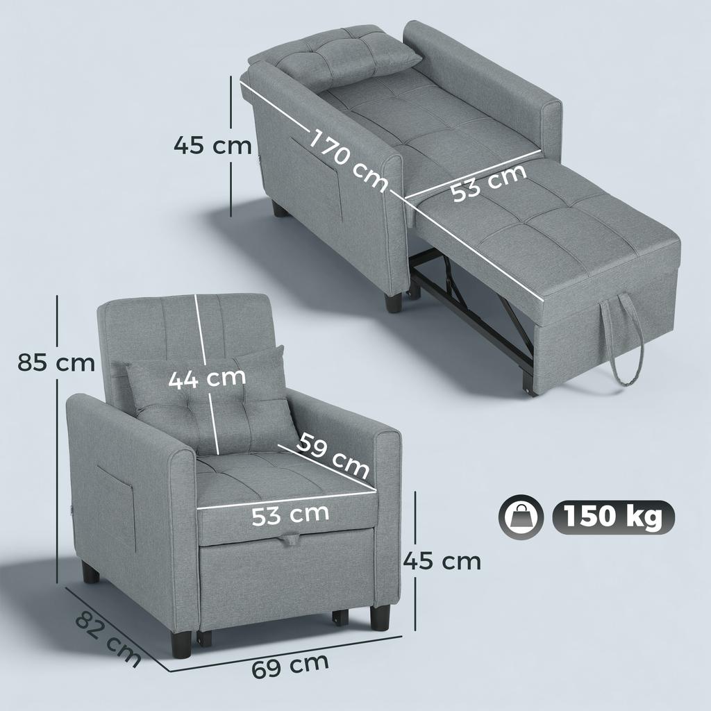 Foldable Convertible Sofa Bed with Adjustable Backrest and Cushion, Grey