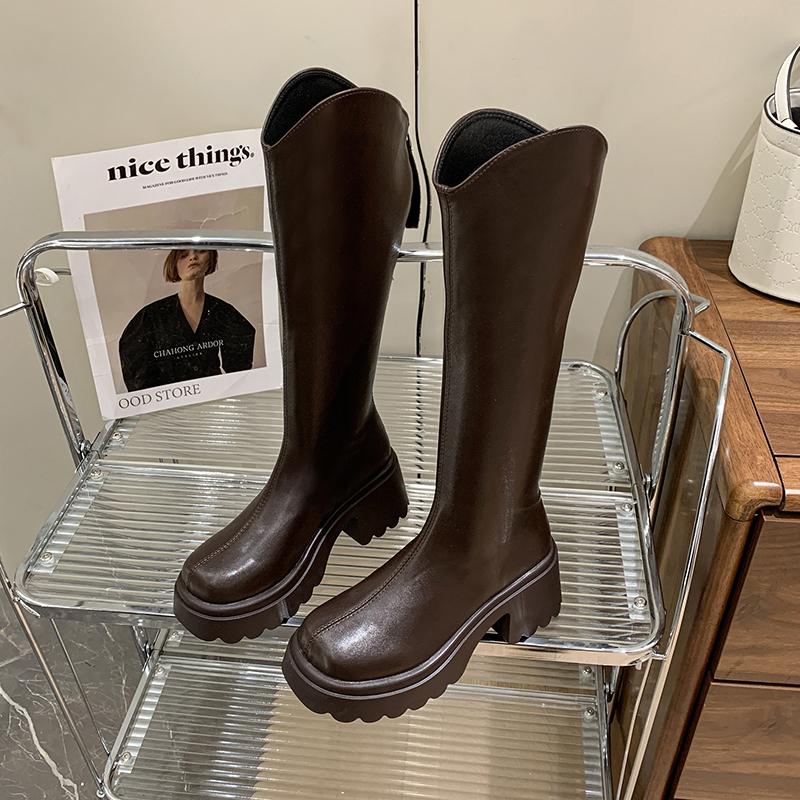 Autumn Winter Platform Thick Heel Women Knee High top Punk Back Zippers Retro Ladies Knight Botas for Adult Women