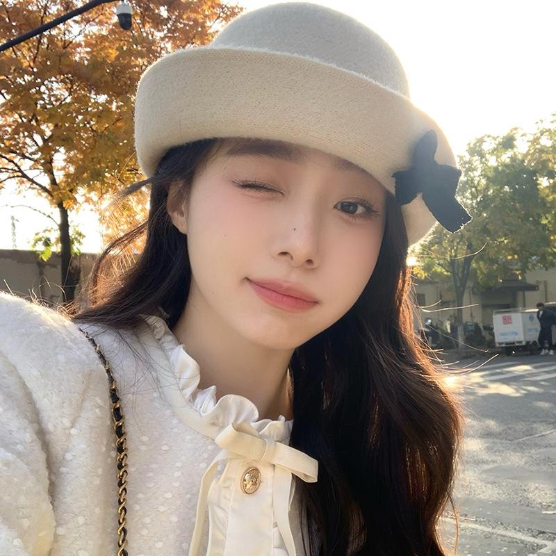 Bow Top Hat för Kvinnor Fransk Stil Retro Ull Ansiktsvisande Liten Varm Bucket Hat