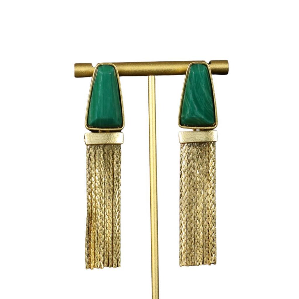Pendientes de Hombro Largos con Flecos Estilo Palacio, Pendientes con Cadena de Cobre y Piedra Verde de Diseño Personalizado con Temperamento Exquisito