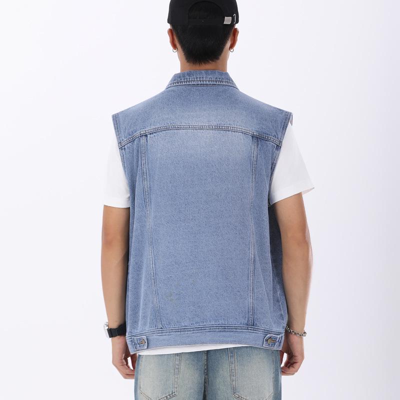 Men's Blue Denim Sleeveless Workwear Vest with Multi-Pockets for Spring and Autumn