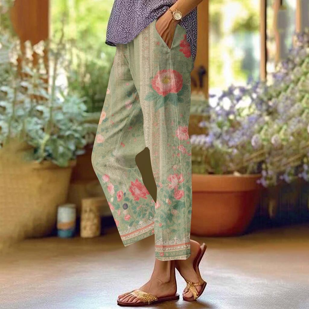 Damskie codzienne modne spodnie z prostą nogawką z nadrukiem kwiatowym spodnie z kieszeniami