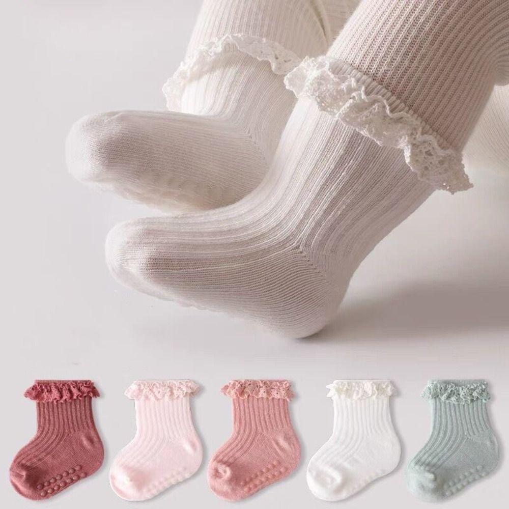 5Pairs Lace Kids Tube Sock Non-slip Toddle Walking Socks Sweet Baby Ruffle Socks  Princess