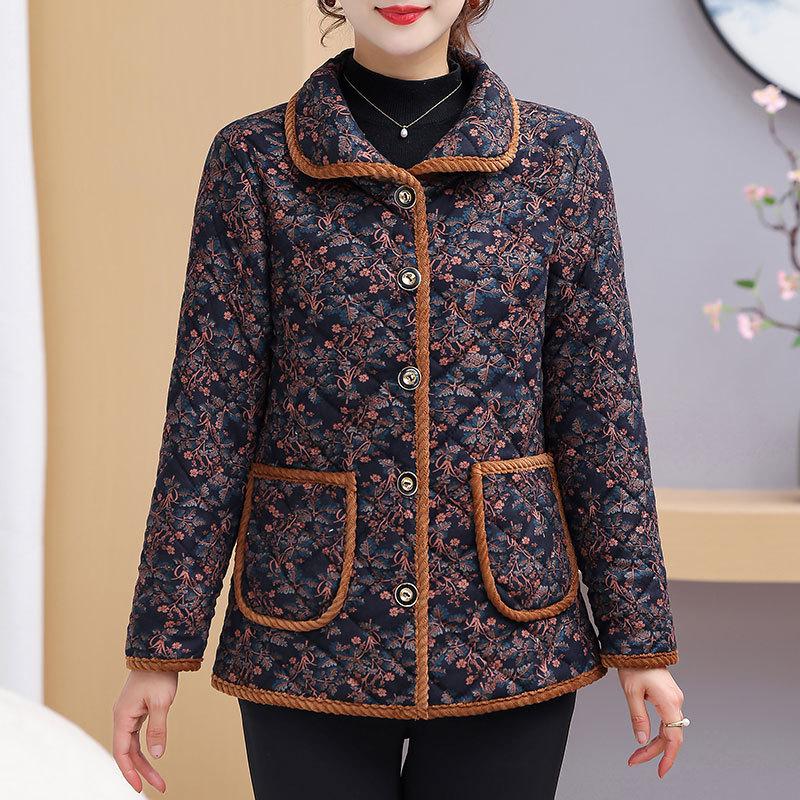 Mom's Winter Coat: Floral Print, Fleece-Lined Quilted Jacket for Mid-aged & Elderly Women - 2025