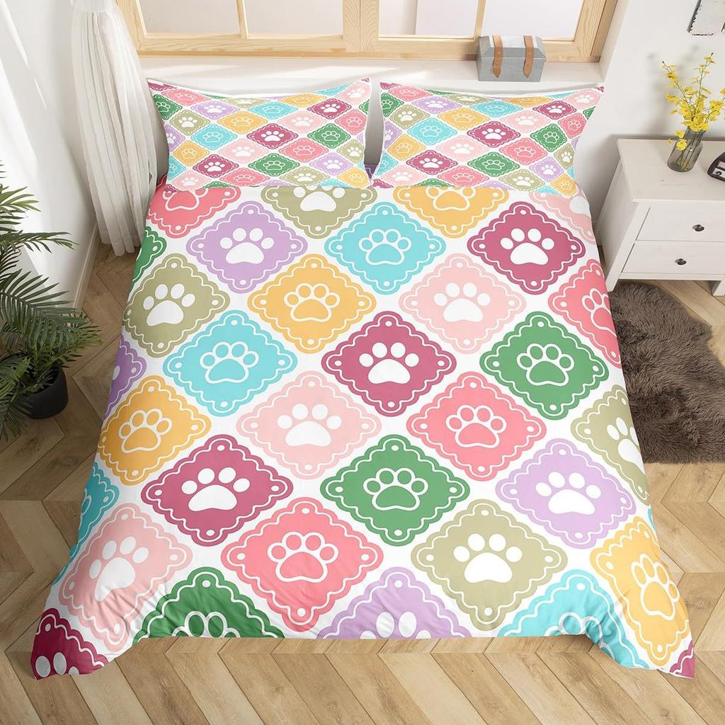Dog Paw Print Duvet Cover Set Queen Size, Bone Pattern Bedding Set 3pcs For Kids Teens Room Decor, Pet Animals Comforter Covers