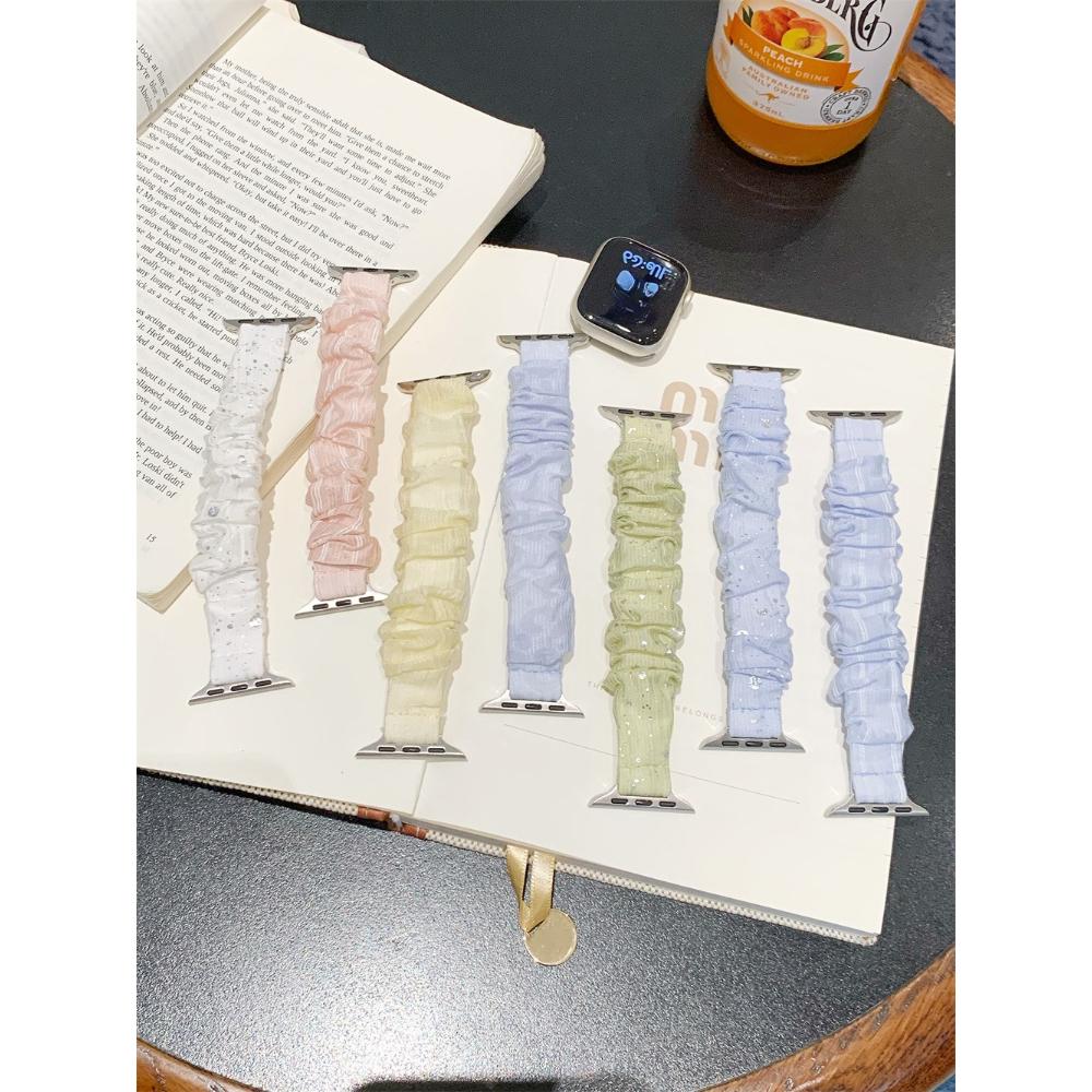 Soft Cute Ice Silk Stripe Elastic Hair Tie Strap for Apple Watch Band Series 11/10/9/8/7 SE Ultra Wrist Bracelets for iWatch 49/46/45/44/42/41/40/38mm