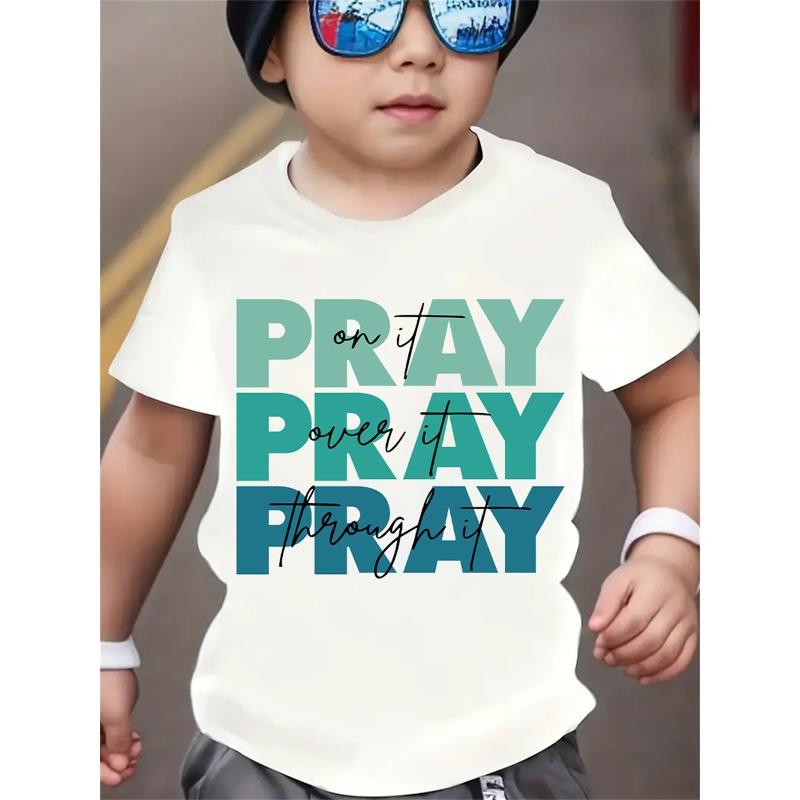 European sizes Boys Summer Short Sleeve PRAY Letter Print Casual Outdoor Fashion Top 110 белый