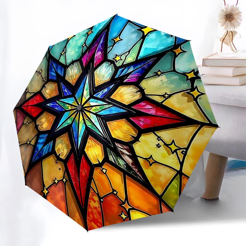 

1pc Colorful Starburst Stained Glass Auto-Folding Umbrella with 3-Fold Design, 8-Bone Iron Frame - Perfect for Outdoor Use, Festive Gifts, Travel, Dai