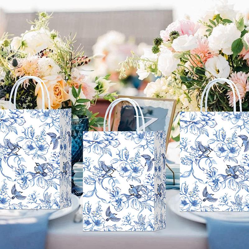 10pcs Paper Gift Bags Elegant Blue & White Parties Porcelain Floral Tote Bags Chinese