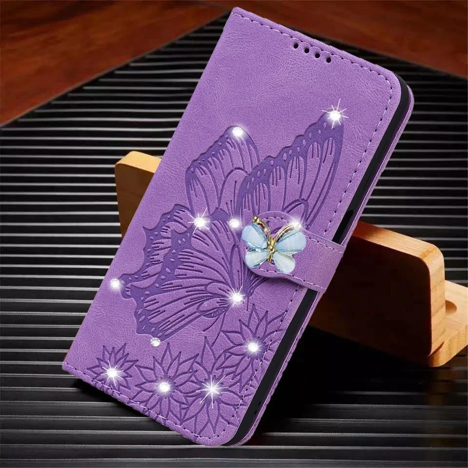 Custodia Portafoglio a Libro con Glitter per iPhone 16 Pro Max 15 Plus 11 14 13 12 XR XS X SE 2020 Copertina a Libro con Farfalla Bling Porta Carte