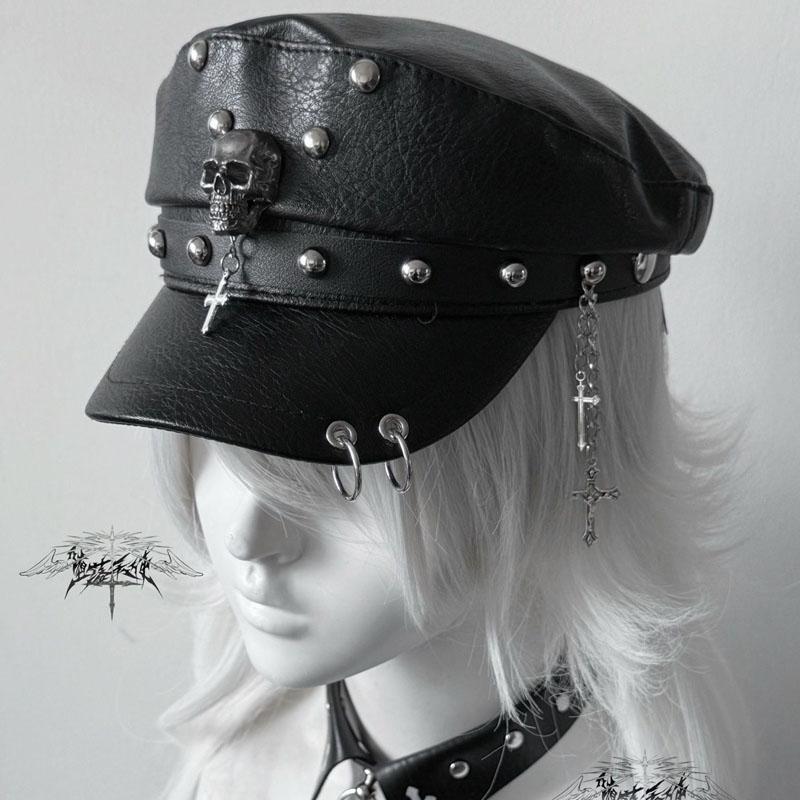 Women's Y2k Trendy Beret Fashion PU Leather Cool Punk Skull Spike Cap Flat Top Captain Military Caps Women's Accessories