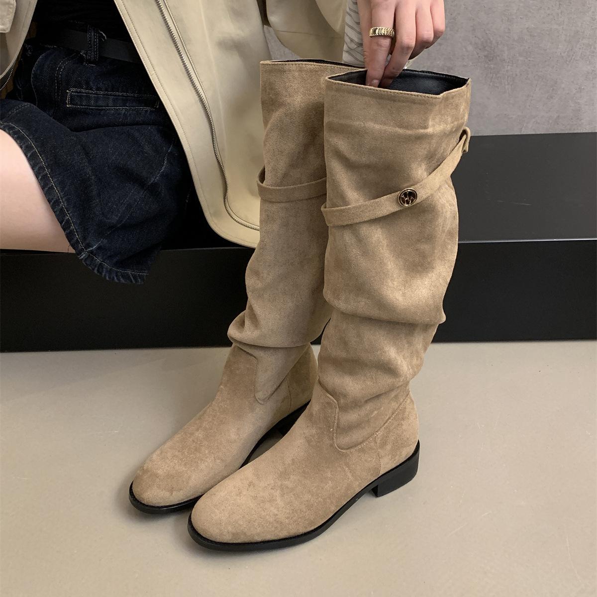 Suede Skinny Boots Khaki Pile Knight Boots Women s Season Skinny Tall Heel Long Boots 35