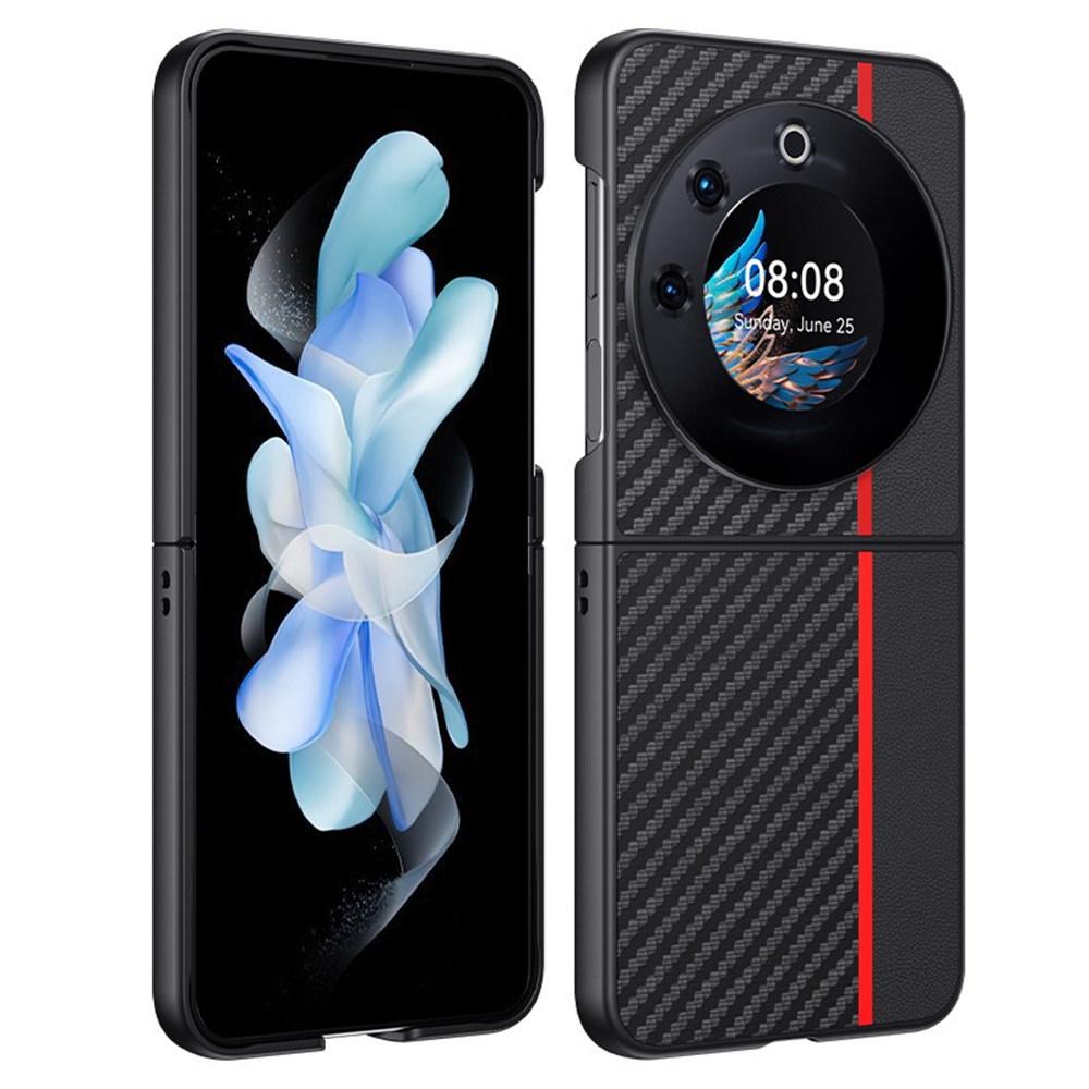 

For TECNO Phantom V Flip Case Carbon Fiber Texture Leather+PC Anti-Drop Folding Phone Cover Black/Red