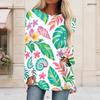 Women Plus Size Round Neck Long Sleeve Tropical Leaf Floral Printed Loose High Low Hem T Shirt