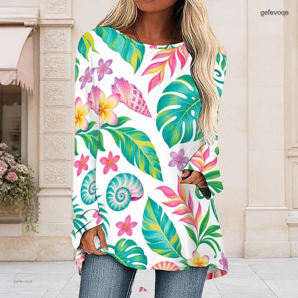 Women Plus Size Round Neck Long Sleeve Tropical Leaf Floral Printed Loose High Low Hem T Shirt