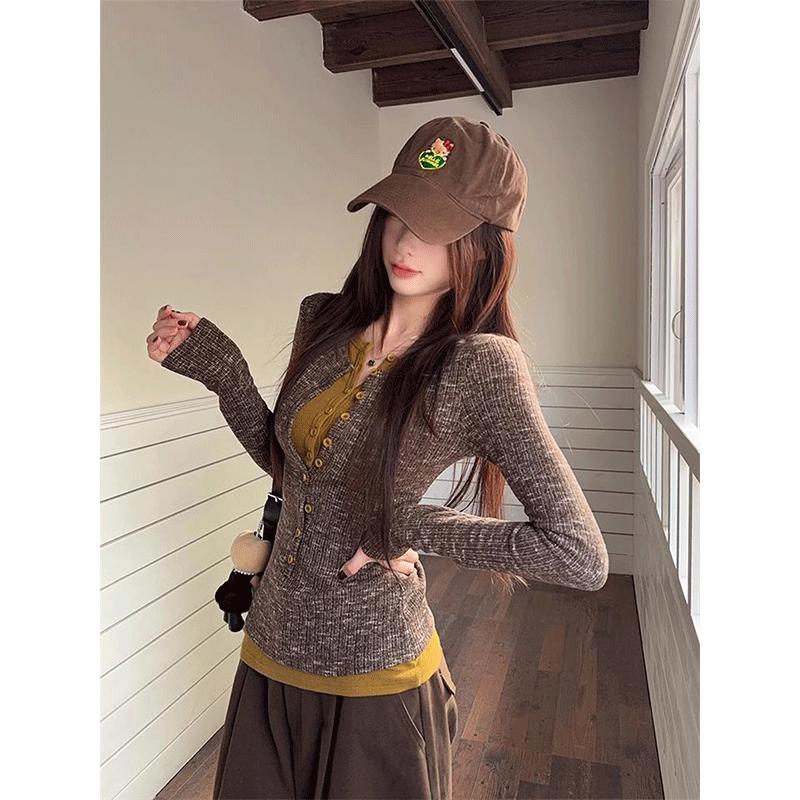 Women s Retro Color-Block Two-Piece Long Sleeve Top, Spring 2026 Collection M