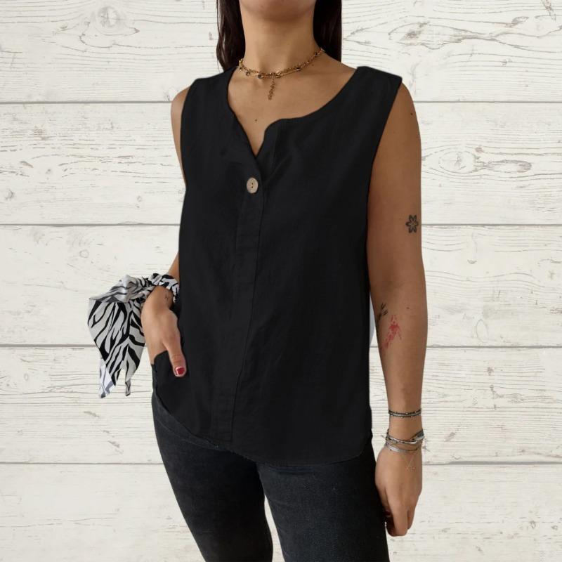 Summer New Loose Vest Shirt for Women V-neck Cotton and Linen Button Top