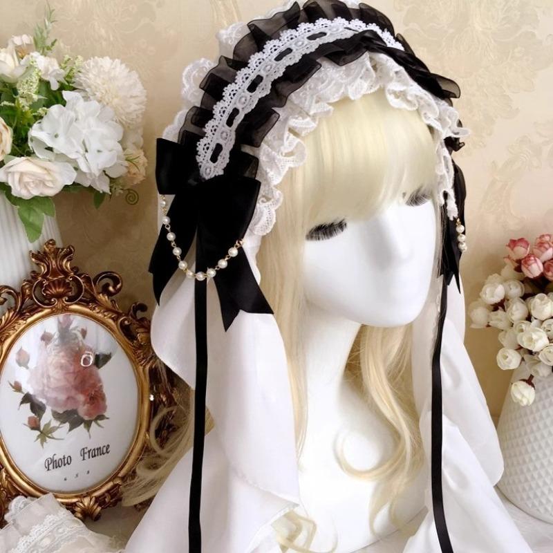 

Lolita White Nun Headscarf Flower Wedding Lolita Headdress Pearl Hairband чорний
