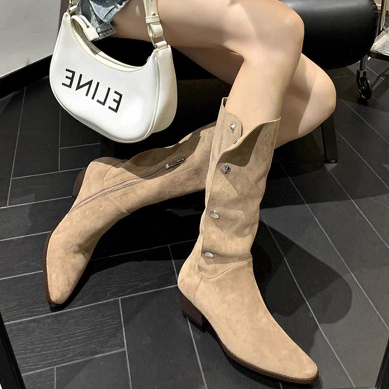 Western Stacking Boots New Medium Tube Thick Heel Pointed Pleated Cowboy Boots But Knee Boots Female Knight Boots