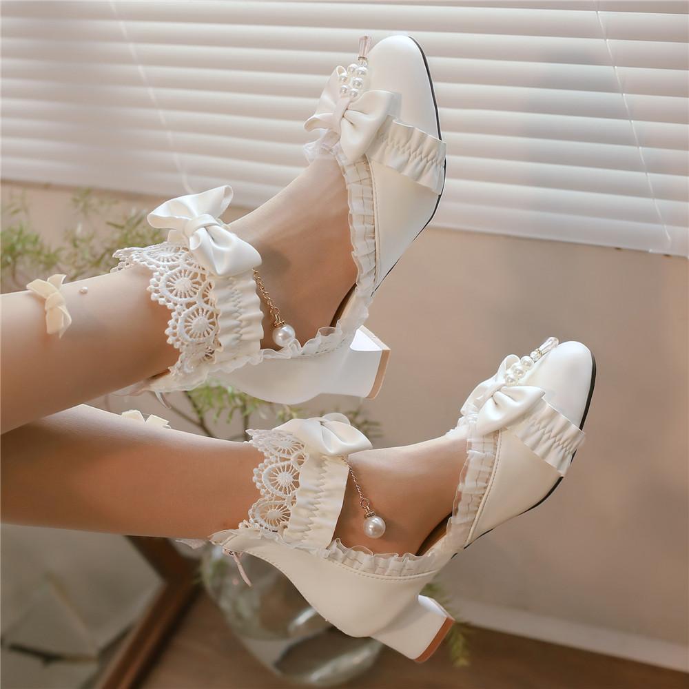 Fashion Spring Summer Women High Heels Mary Jane Pumps Party Wedding White Pink Black String Bead Bow Princess Cosplay Lolita Shoes