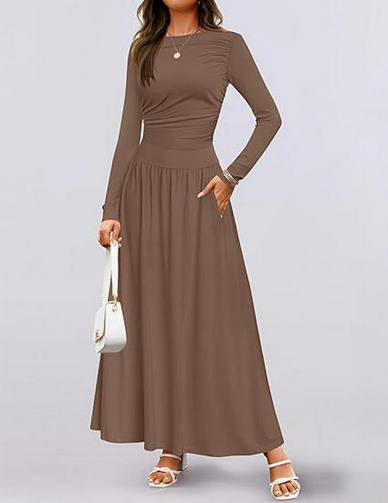 2025 Cross-border Women's Round Neck Pleated Pocket Slim Fit Long Sleeve Knit Dress