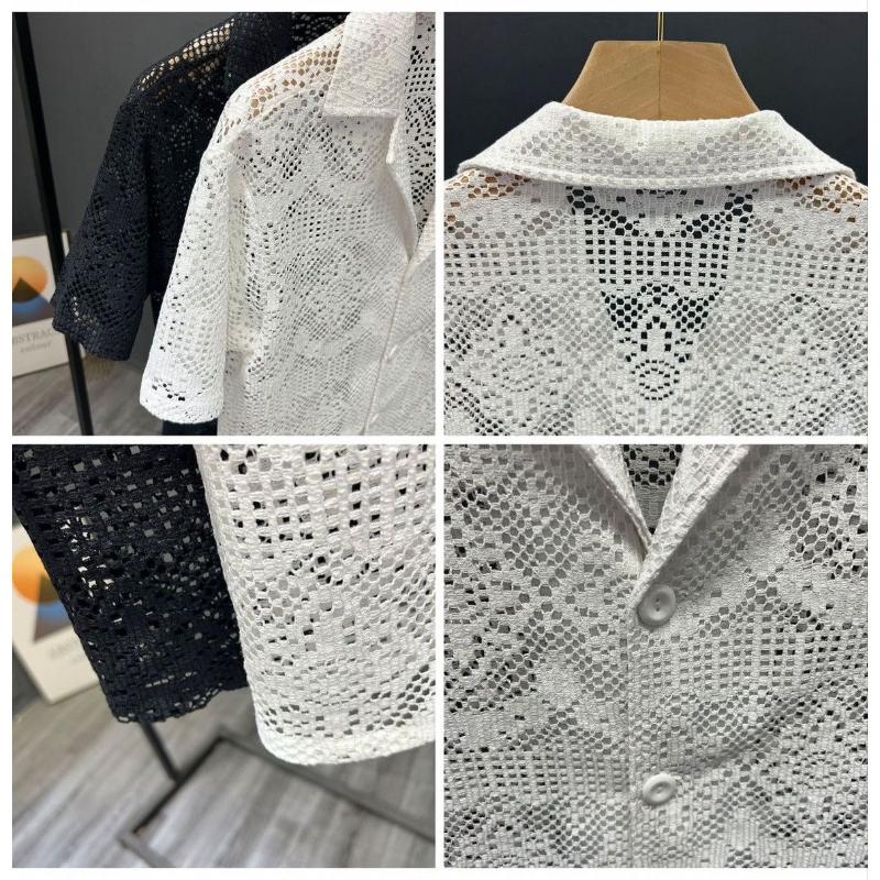 Pánská košile Nová Krátký rukáv Letní Tenká Ležérní Retro Prodyšná Prolamovaný Krajkový Top Elegantní Out Hombre Módní