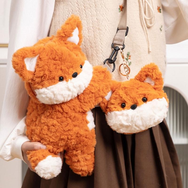 Plush Foxes Shoulder Bag Soft Crossbody Bag Girls Cartoon Backpack Lovely Animal School Bag Coin Purse for Winter