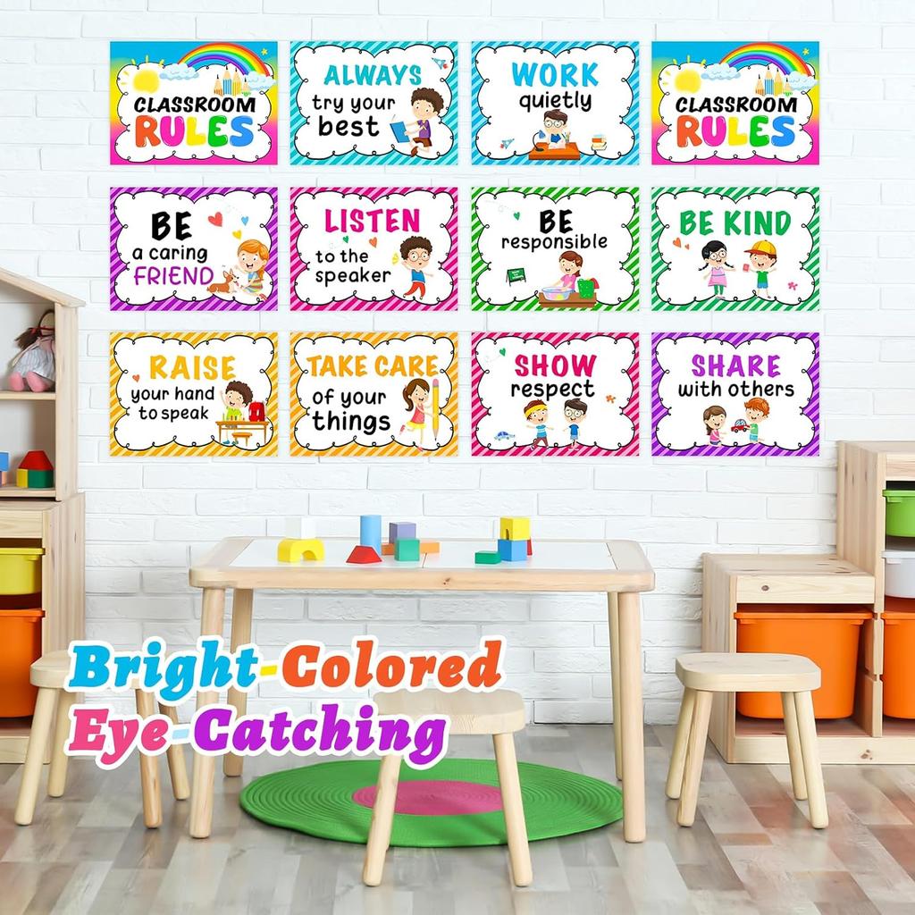 Sereliy 12PCS Classroom Rules Posters Behavior Educational Manners Chart Positive Expectation Poster for Kindergarten Primary Classroom Bulletin