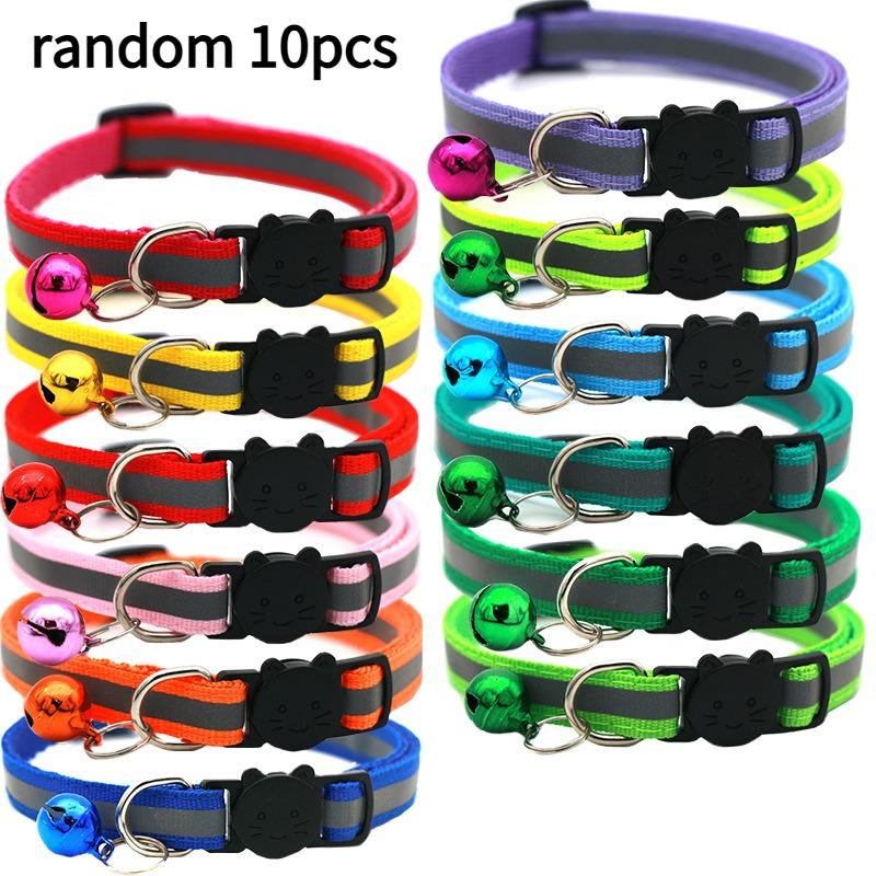 

10pcs Winter Reflective Cat Collars with Adjustable Safety Buckle & Bell - Durable Polyester Straps, for Small Cats, Cat Collar