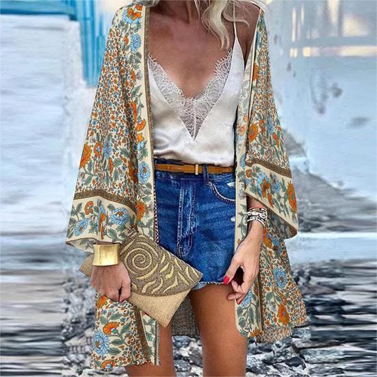 Women Cardigan Floral Print Batwing Sleeve Summer Bohemian Sun Protection Long Blouse for Daily Wear