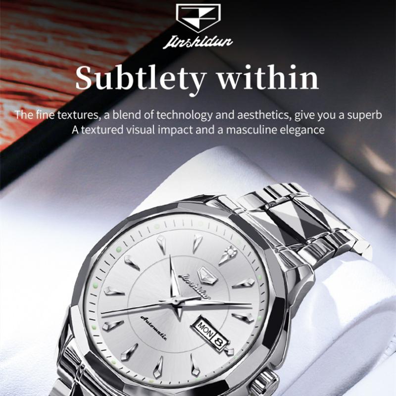 JINSHIDUN New Business and Leisure Men's Watch Automatic Mechanical Watch Tungsten Steel Double Calendar Luminous Waterproof High-end Watch